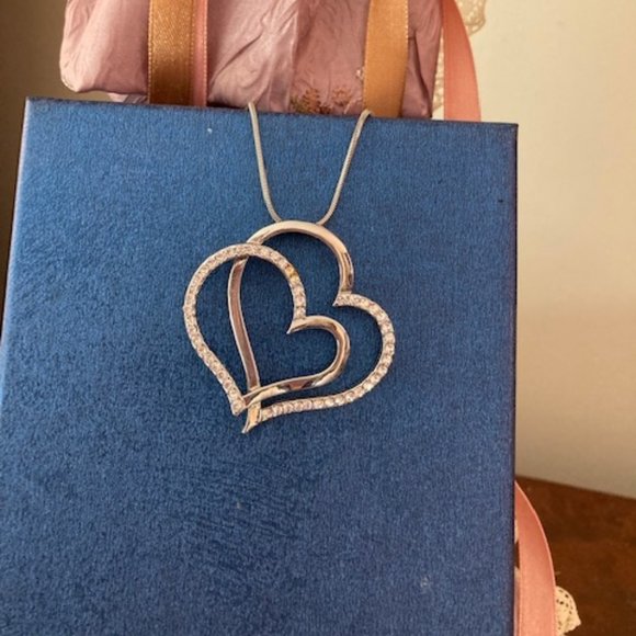 NWOT - Swarovski Crystal Double Floating Heart Silver Tone Necklace* - Picture 6 of 9